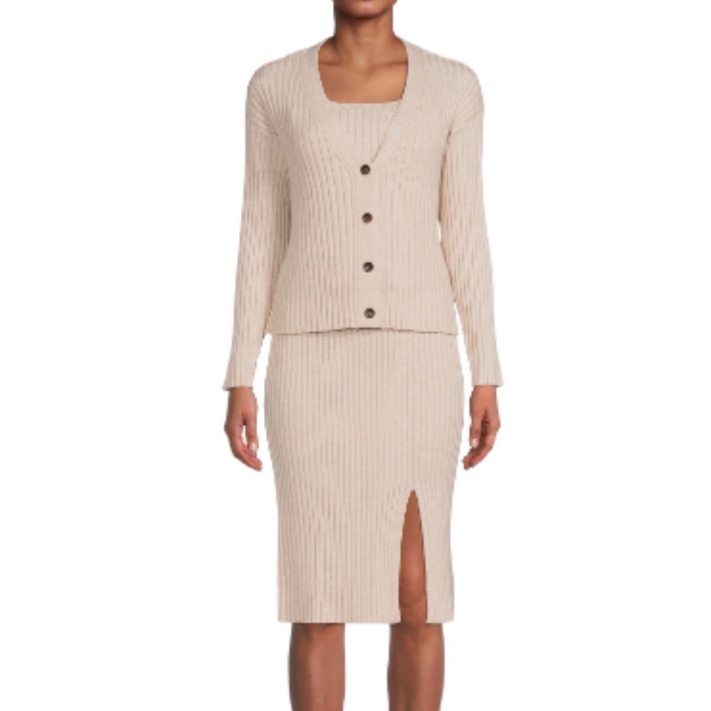 Time and Tru "NEW" Oatmeal Marl Rib Knit 3 Piece Cardigan Cami Skirt Set Size XL